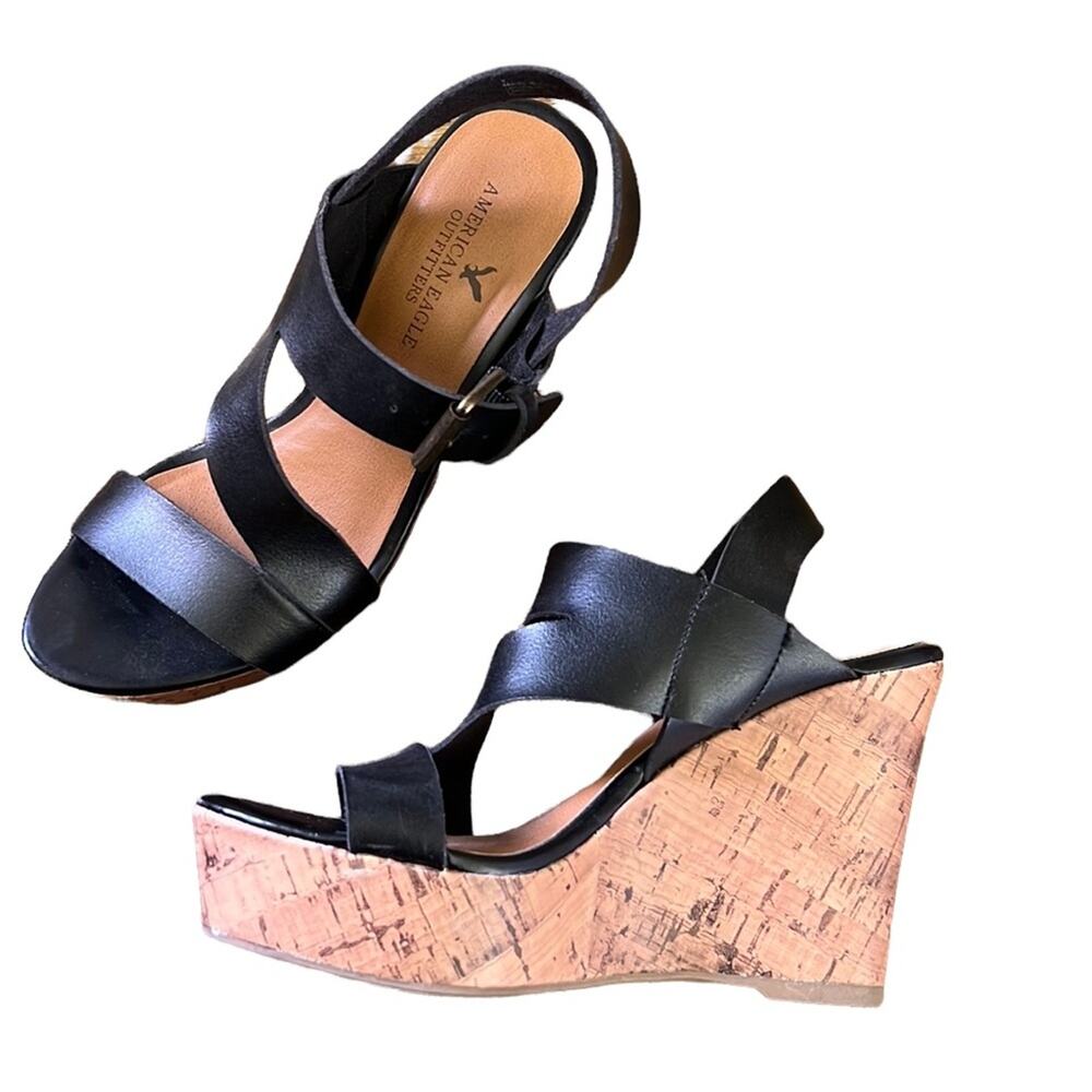 American Eagle Black Thick Strappy Cork Open Toe Platforms